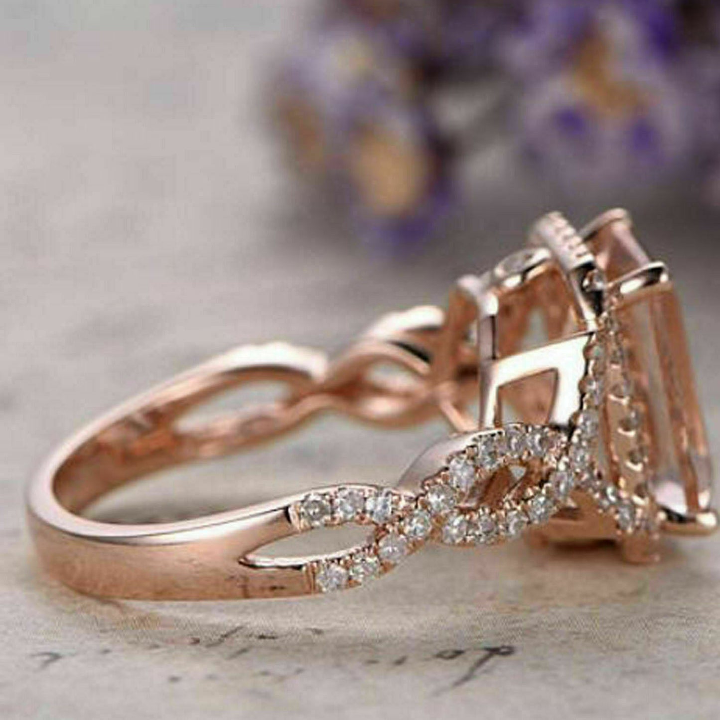 925 Sterling Sliver 3 CT Emerald Cut Morganite Diamond Halo Wedding Ring