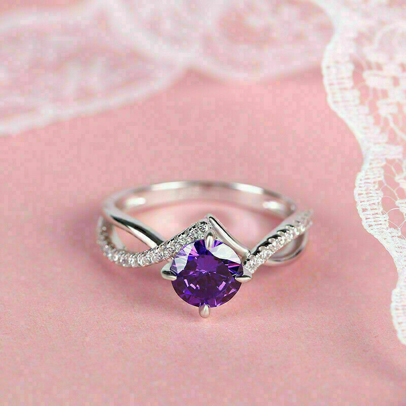 2.00 CT Round Cut Amethyst & Diamond Twist Engagement Ring 925 Sterling Silver
