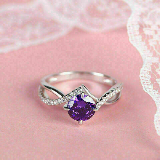 2.00 CT Round Cut Amethyst & Diamond Twist Engagement Ring 925 Sterling Silver