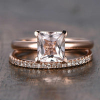 1 CT Princess Cut Peach Morganite Bridal Wedding Ring Set 925 Sterling Silver