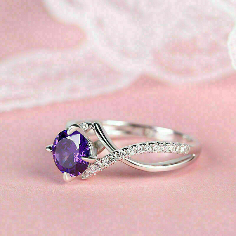 2.00 CT Round Cut Amethyst & Diamond Twist Engagement Ring 925 Sterling Silver