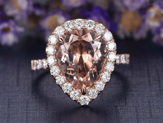 1.5 CT Pear Cut Peach Morganite Diamond Engagement Ring Halo 925 Sterling Silver