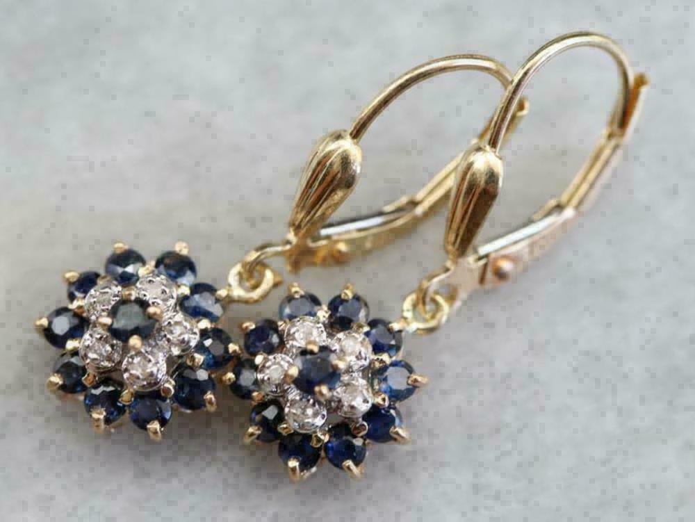 2 CT Blue Sapphire & Diamond Cluster Drop/Dangle Earrings 925 Sterling Sliver