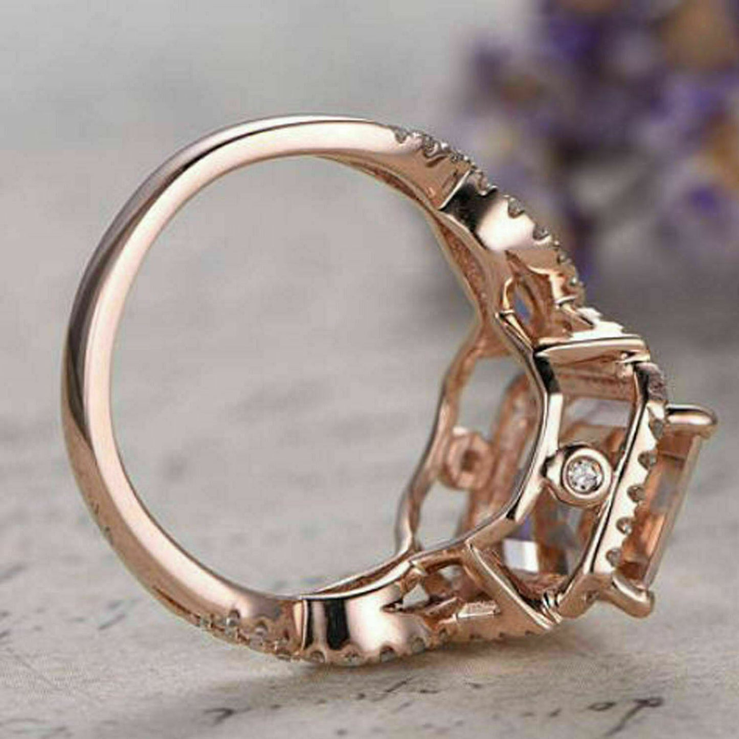 925 Sterling Sliver 3 CT Emerald Cut Morganite Diamond Halo Wedding Ring