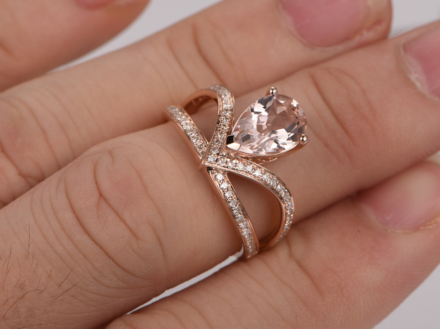 2 CT Pear Cut Morganite Diamond Solitaire Engagement Ring 925 Sterling Silver