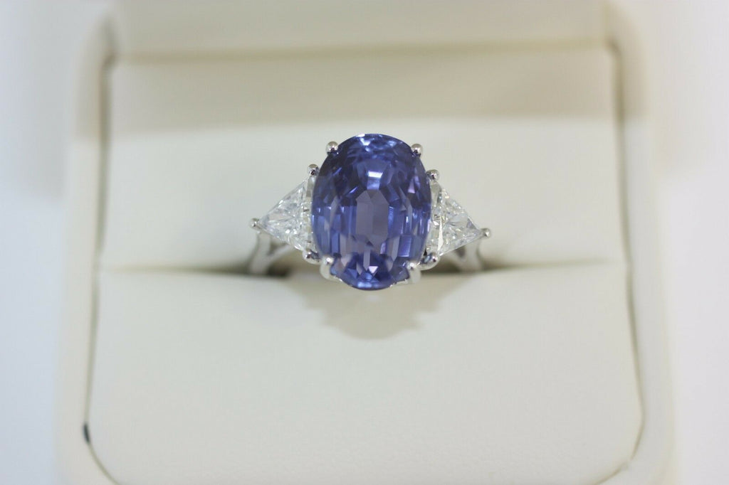 2 CT Oval Cut Blue Sapphire & White Trillion Diamond 925 Sterling Silver Three Stone Ring