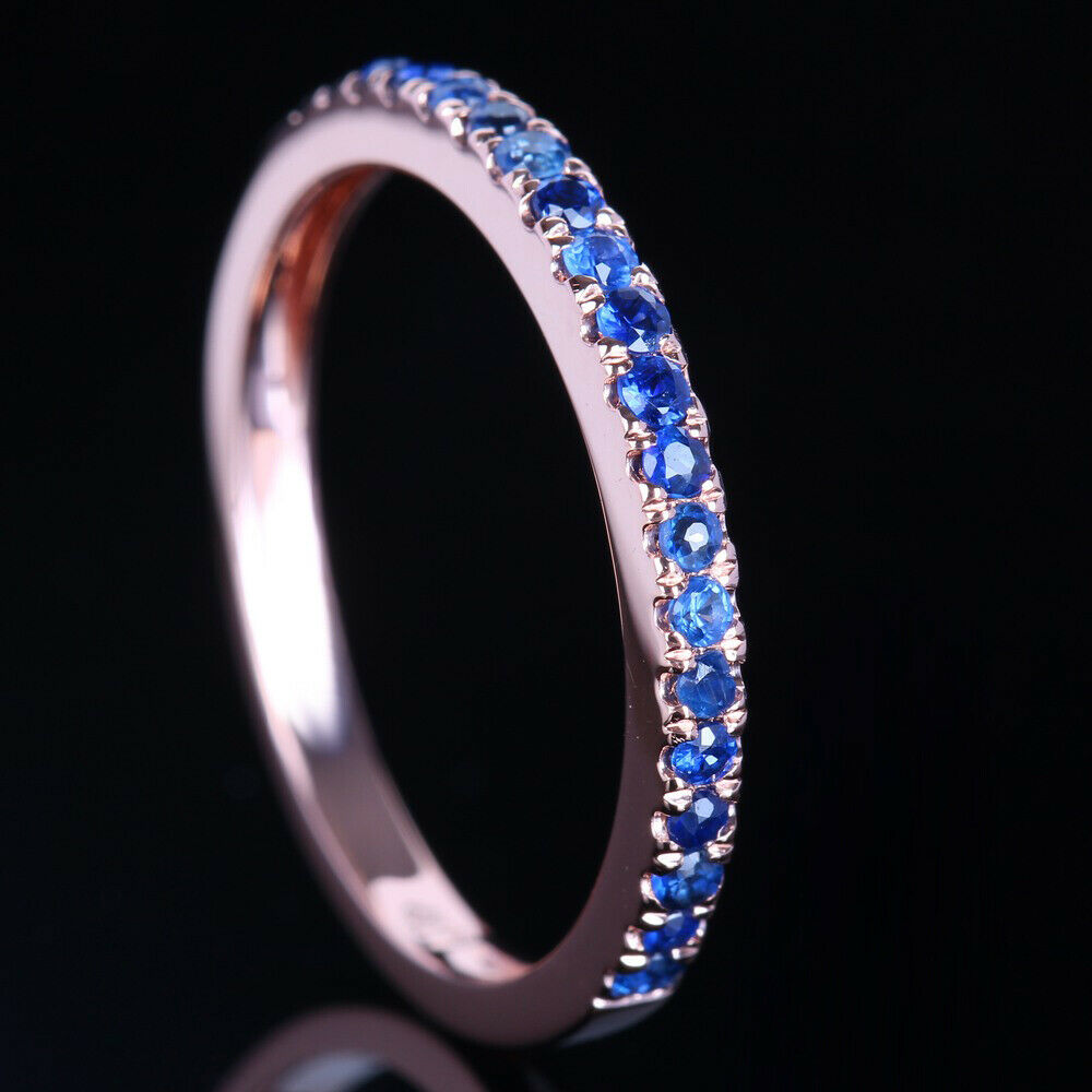 925 Sterling Silver 1 CT Round Cut Blue Sapphire Diamond Wedding Band Ring