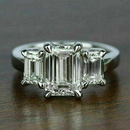 1 CT Emerald Cut Diamond 925 Sterling Sliver Three Stone Engagement Ring