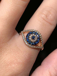 0.25 CT Round Cut Diamond Blue Sapphire 925 Sterling Silver Evil Eye Ring