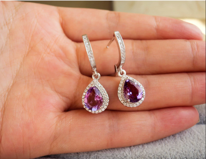 925 Sterling Sliver 3 CT Pear Cut Amethyst Drop/Dangle Women's Earrings