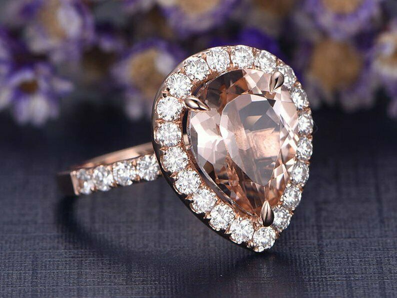 1.5 CT Pear Cut Peach Morganite Diamond Engagement Ring Halo 925 Sterling Silver