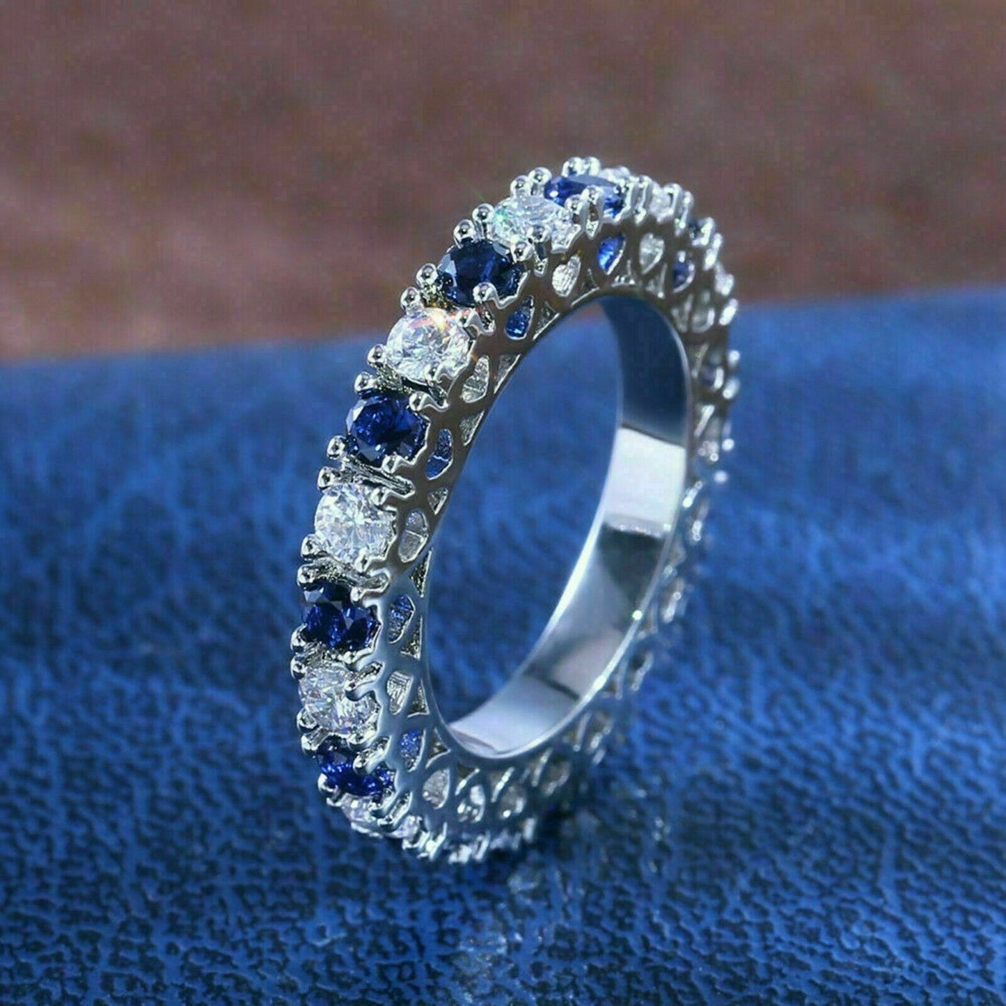 925 Sterling Silver 2 CT Round Blue Sapphire & Diamond Eternity Wedding Band Ring