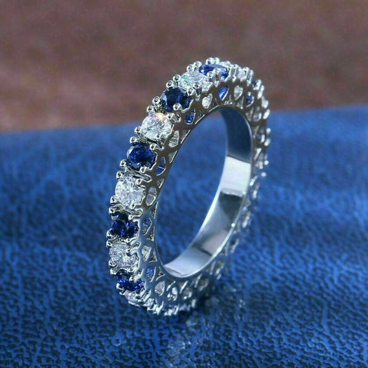 925 Sterling Silver 2 CT Round Blue Sapphire & Diamond Eternity Wedding Band Ring