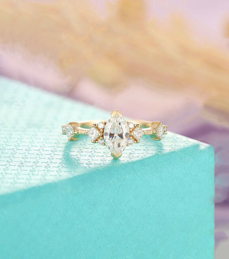 925 Sterling Silver 5 CT Marquise cut Diamond Engagement solitaire with accents Ring