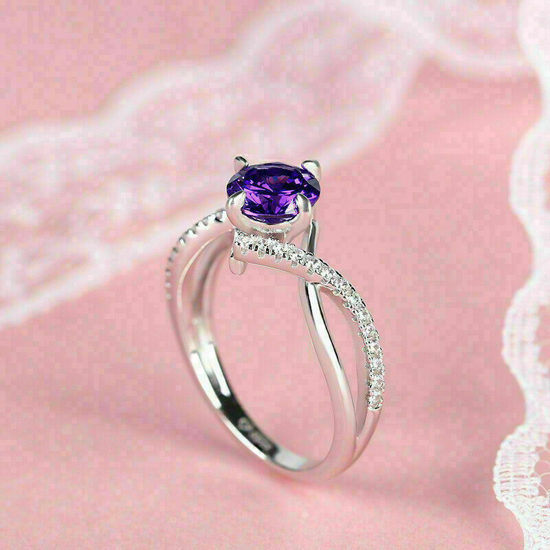 2.00 CT Round Cut Amethyst & Diamond Twist Engagement Ring 925 Sterling Silver