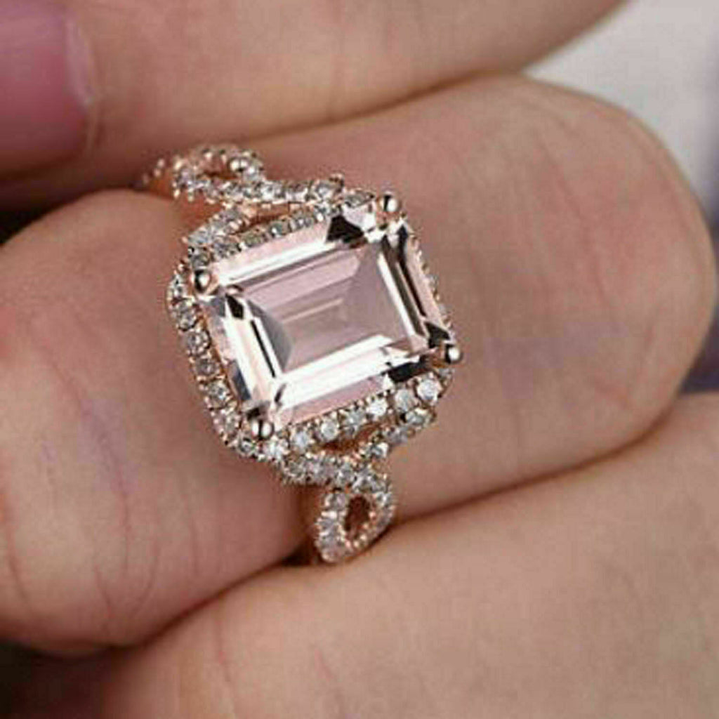925 Sterling Sliver 3 CT Emerald Cut Morganite Diamond Halo Wedding Ring