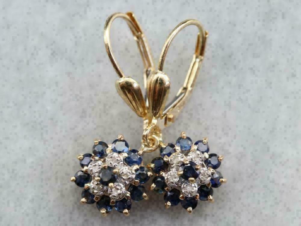 2 CT Blue Sapphire & Diamond Cluster Drop/Dangle Earrings 925 Sterling Sliver