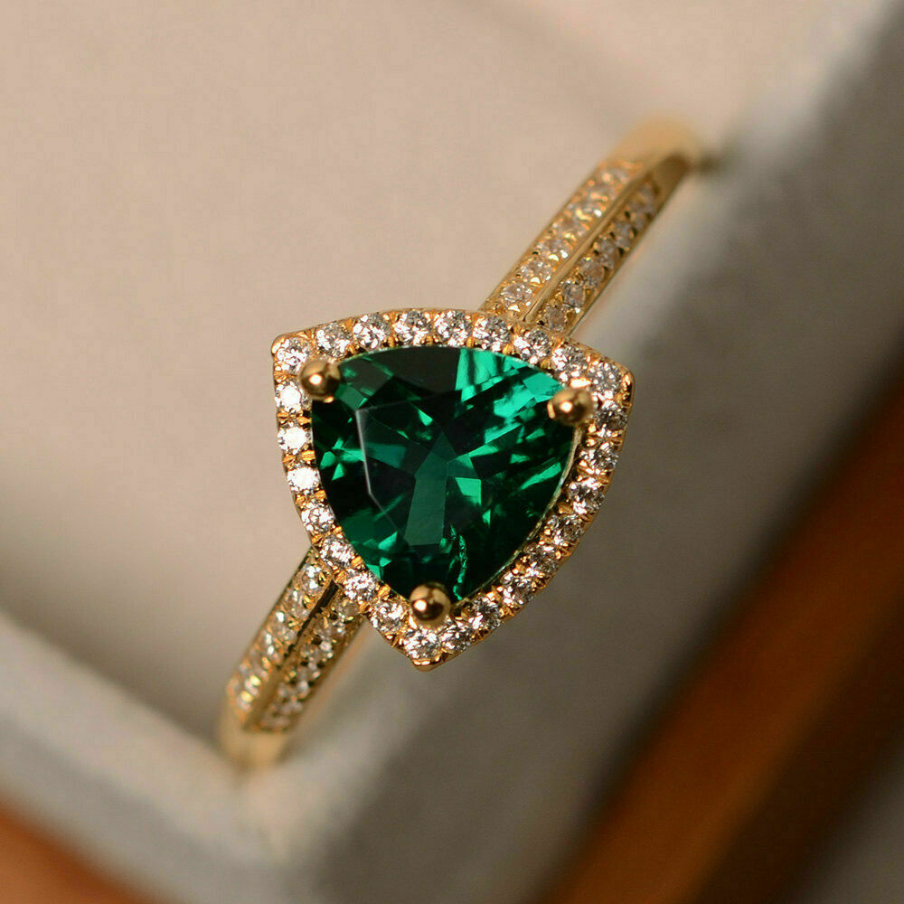 CT Trillion Cut Emerald Halo Diamond Engagement Ring 925 Sterling Silver