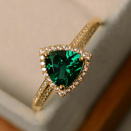 1 CT Trillion Cut Emerald Halo Diamond Engagement Ring 925 Sterling Silver