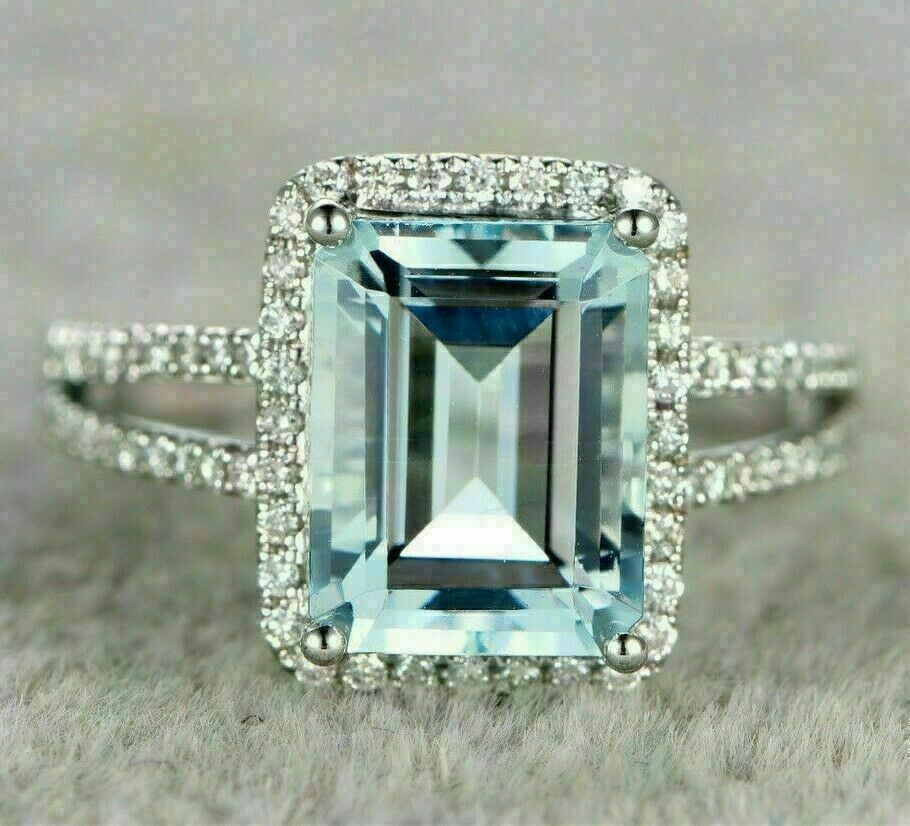 3 CT Emerald Cut Blue Aquamarine Diamond 925 Sterling Silver Halo Engagement Ring