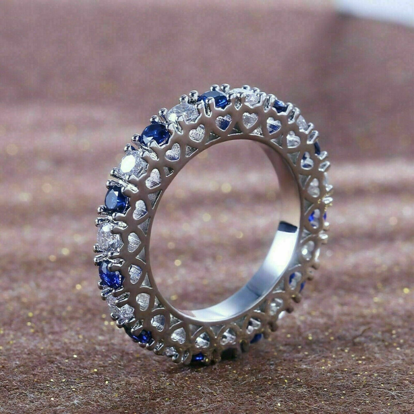 925 Sterling Silver 2 CT Round Blue Sapphire & Diamond Eternity Wedding Band Ring
