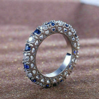 925 Sterling Silver 2 CT Round Blue Sapphire & Diamond Eternity Wedding Band Ring