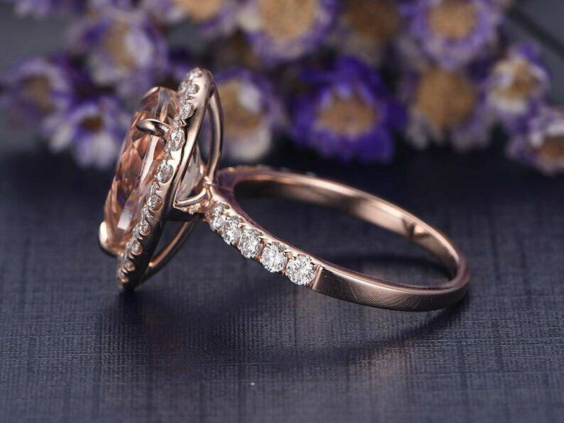 1.5 CT Pear Cut Peach Morganite Diamond Engagement Ring Halo 925 Sterling Silver