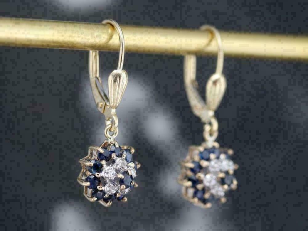 2 CT Blue Sapphire & Diamond Cluster Drop/Dangle Earrings 925 Sterling Sliver