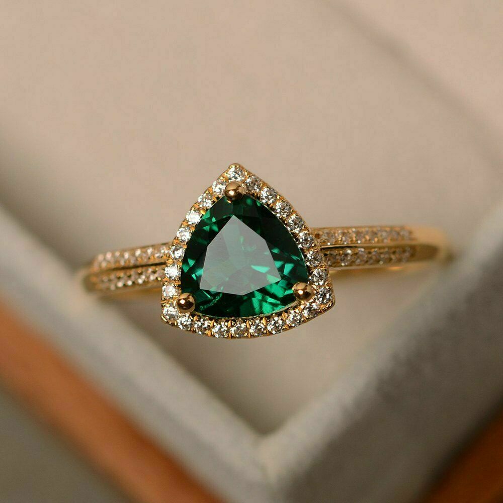1 CT Trillion Cut Emerald Halo Diamond Engagement Ring 925 Sterling Silver