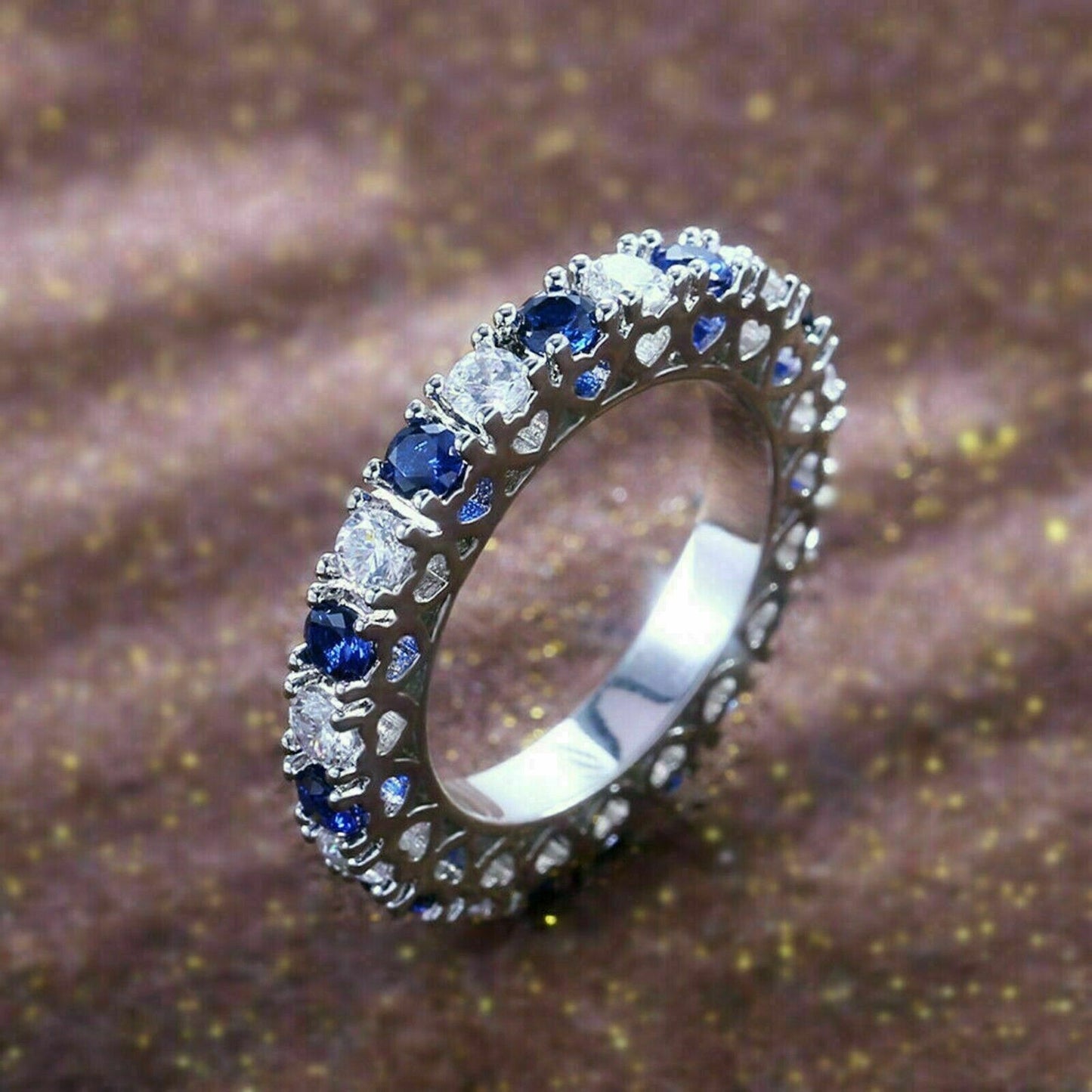 925 Sterling Silver 2 CT Round Blue Sapphire & Diamond Eternity Wedding Band Ring