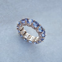 0.75 CT Blue Sapphire Diamond Wedding Full Eternity Band Ring 925 Sterling Silver