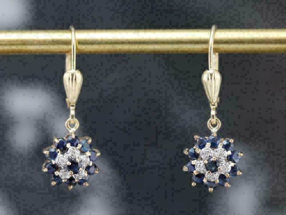 2 CT Blue Sapphire & Diamond Cluster Drop/Dangle Earrings 925 Sterling Sliver