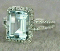3 CT Emerald Cut Blue Aquamarine Diamond 925 Sterling Silver Halo Engagement Ring