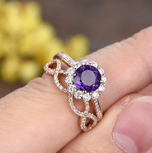 2.30 CT Round Brilliant Cut Amethyst Diamond 925 Sterling Silver Bridal Set Halo Ring