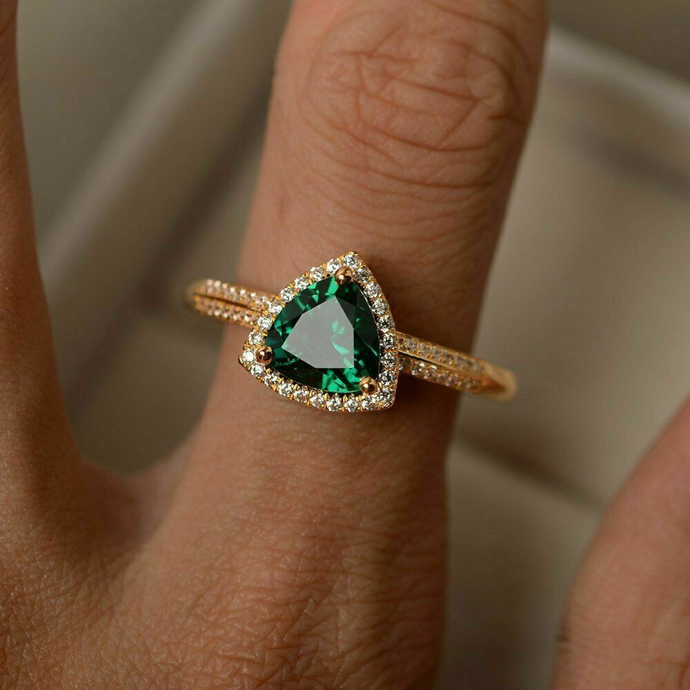 1 CT Trillion Cut Emerald Halo Diamond Engagement Ring 925 Sterling Silver