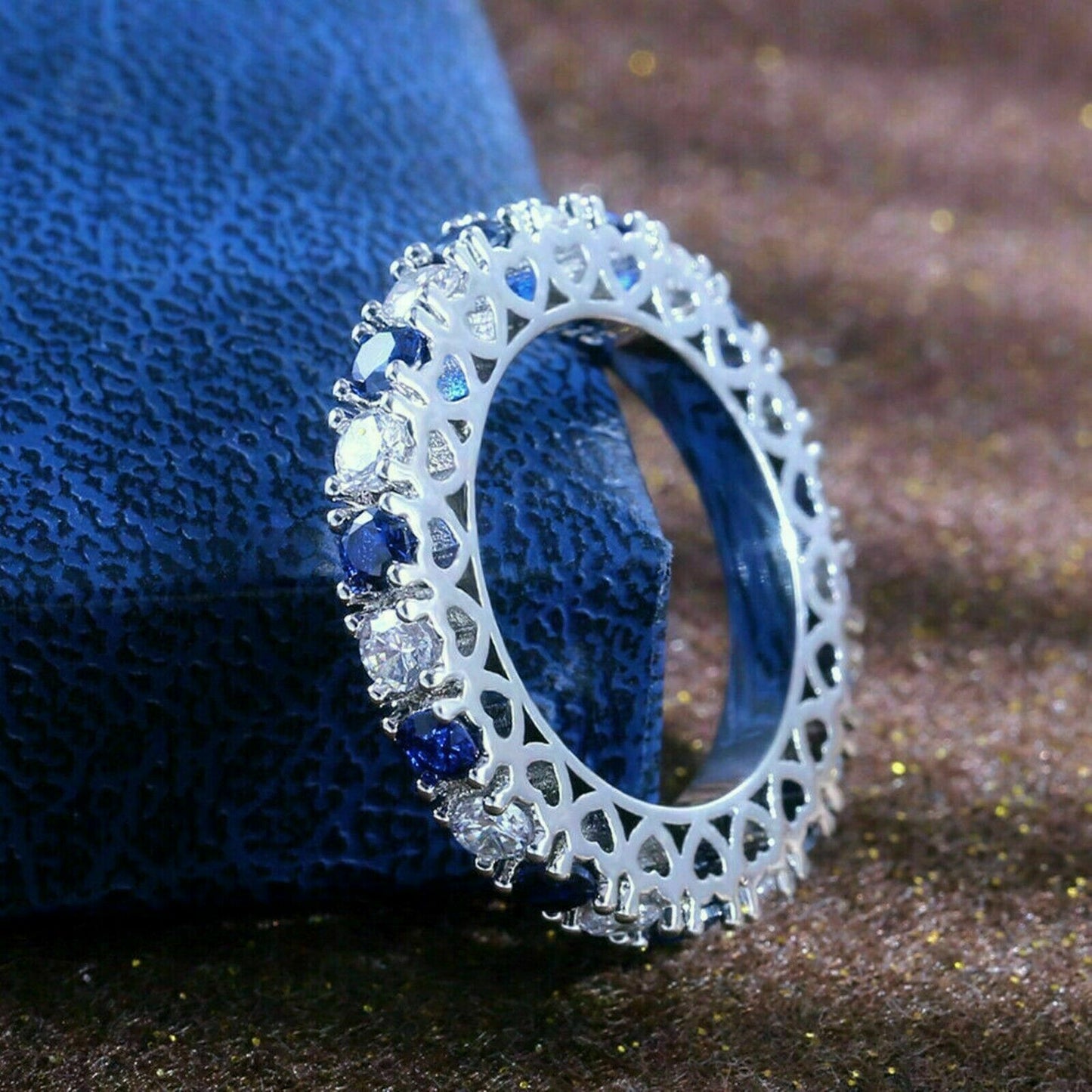 925 Sterling Silver 2 CT Round Blue Sapphire & Diamond Eternity Wedding Band Ring