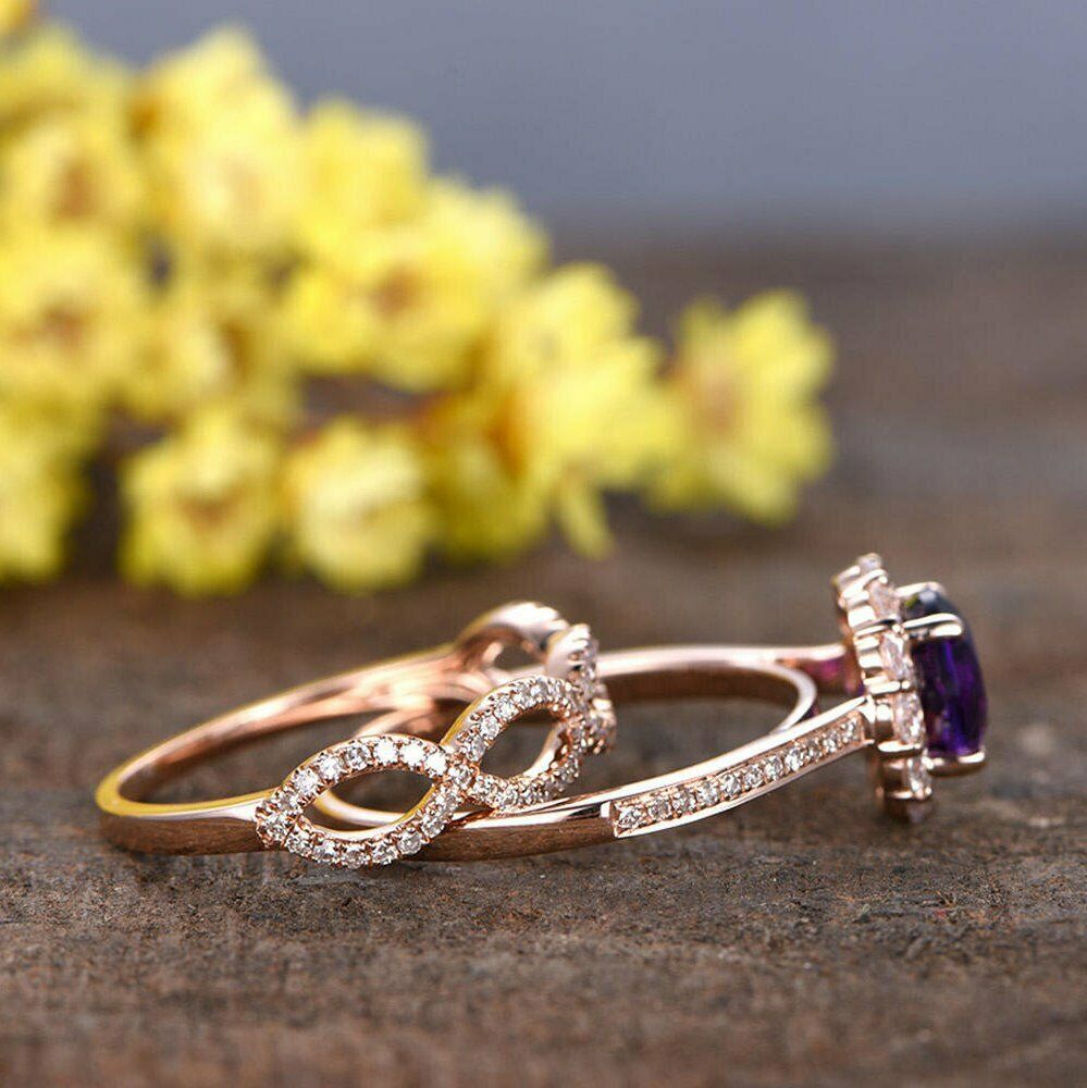 2.30 CT Round Brilliant Cut Amethyst Diamond 925 Sterling Silver Bridal Set Halo Ring
