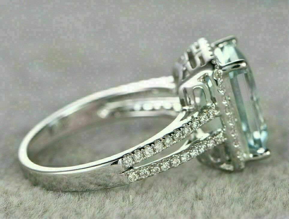 3 CT Emerald Cut Blue Aquamarine Diamond 925 Sterling Silver Halo Engagement Ring