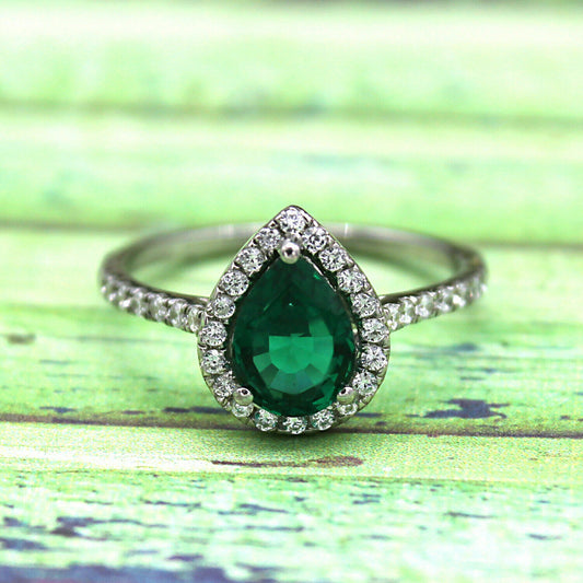 2 CT Pear Cut Green Emerald Diamond 925 Sterling Sliver Wedding Women's Ring
