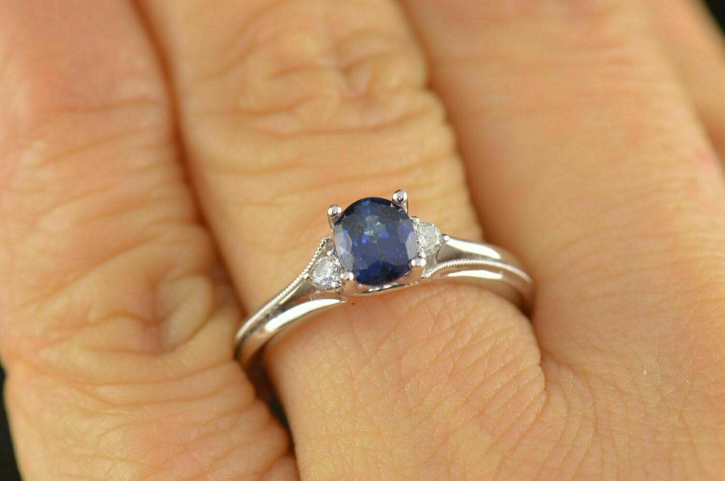 2 CT Oval Cut Blue Sapphire Round Diamond Three Stone Ring 925 Sterling Silver