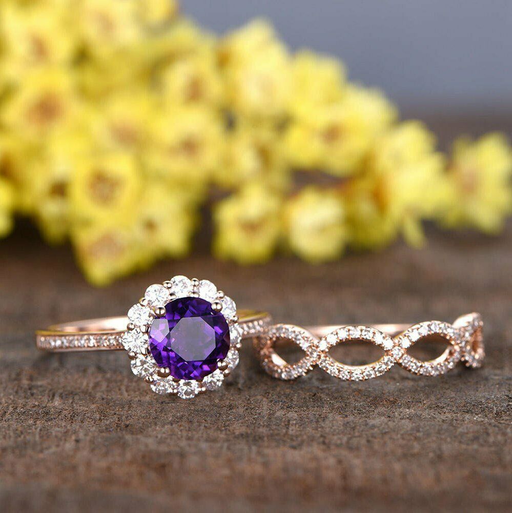 2.30 CT Round Brilliant Cut Amethyst Diamond 925 Sterling Silver Bridal Set Halo Ring
