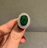 2 CT Oval Cut Green Emerald Diamond Halo Engagement Ring 925 Sterling Sliver