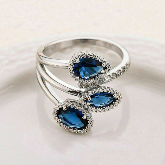 Three Stone Wedding Ring 3 CT Diamond & Sapphire 925 Sterling Silver