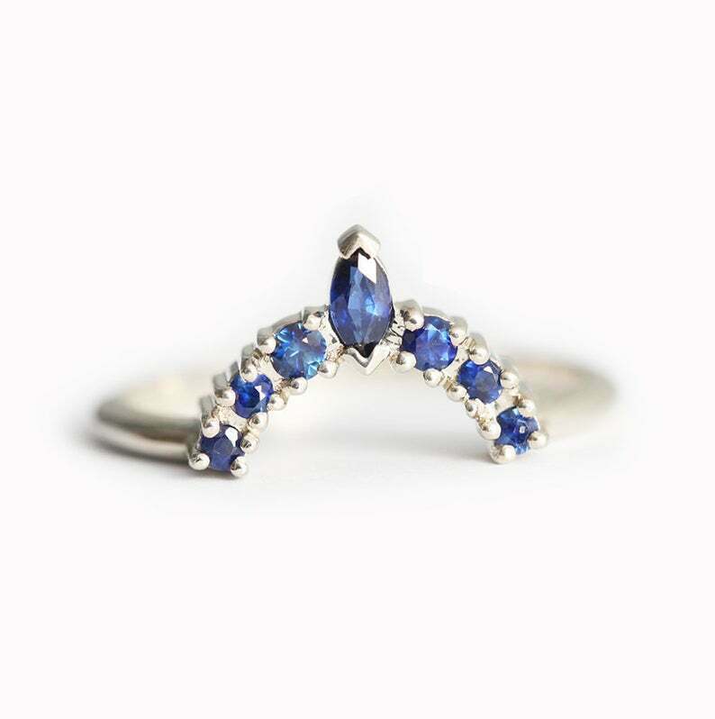 1.2 CT Marquise Cut Blue Sapphire 925 Sterling Silver Curved Crown Wedding Band Ring