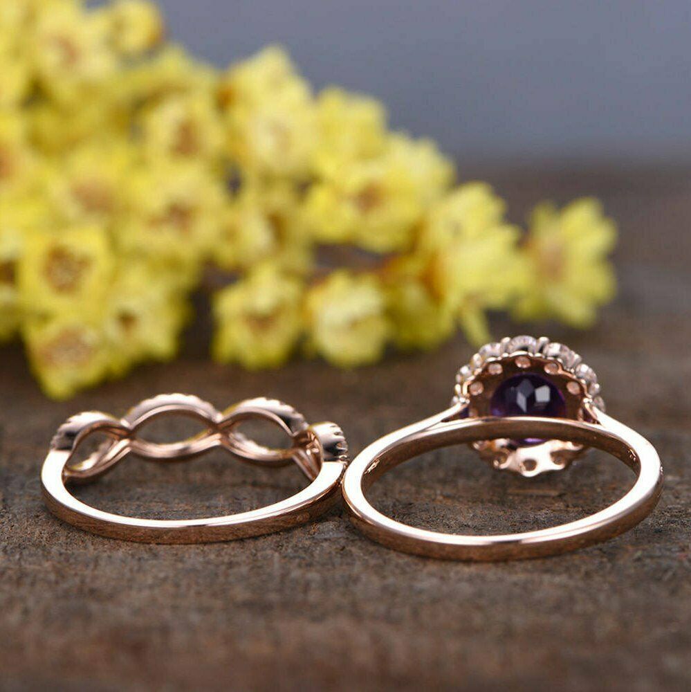 2.30 CT Round Brilliant Cut Amethyst Diamond 925 Sterling Silver Bridal Set Halo Ring