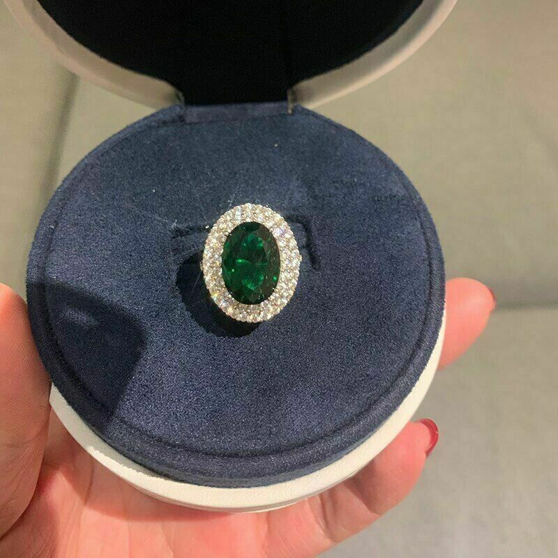 2 CT Oval Cut Green Emerald Diamond Halo Engagement Ring 925 Sterling Sliver