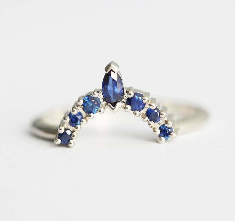 1.2 CT Marquise Cut Blue Sapphire 925 Sterling Silver Curved Crown Wedding Band Ring