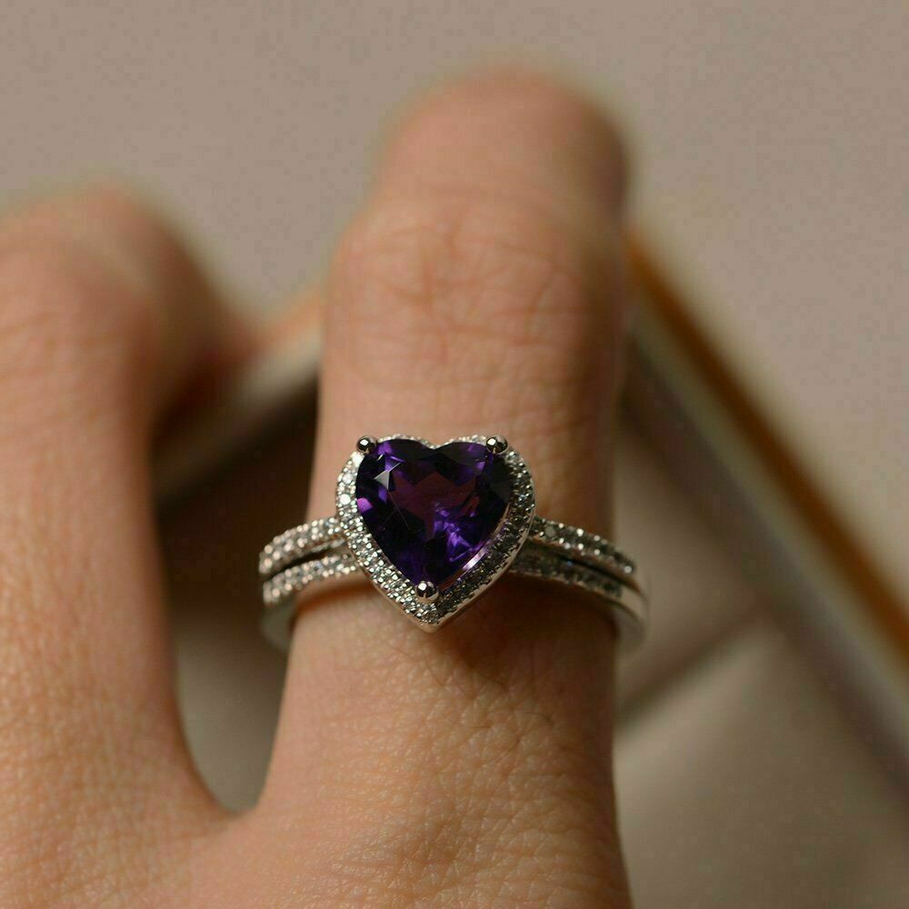 2 CT Heart Cut Amethyst Bridal Set Halo Engagement Ring 925 Sterling Silver