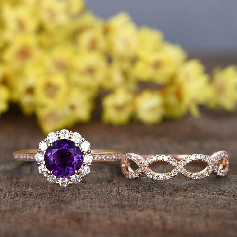 2.30 CT Round Brilliant Cut Amethyst Diamond 925 Sterling Silver Bridal Set Halo Ring