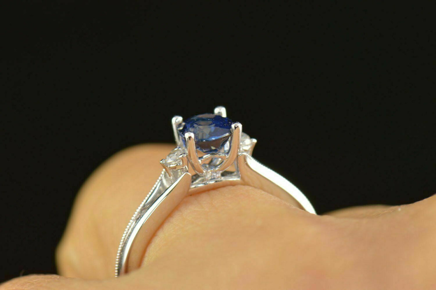2 CT Oval Cut Blue Sapphire Round Diamond Three Stone Ring 925 Sterling Silver